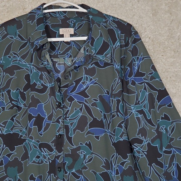 Logo Lori Goldstein Women Stretch Shirt Size Medium Floral Button Office Artsy - Picture 3 of 12